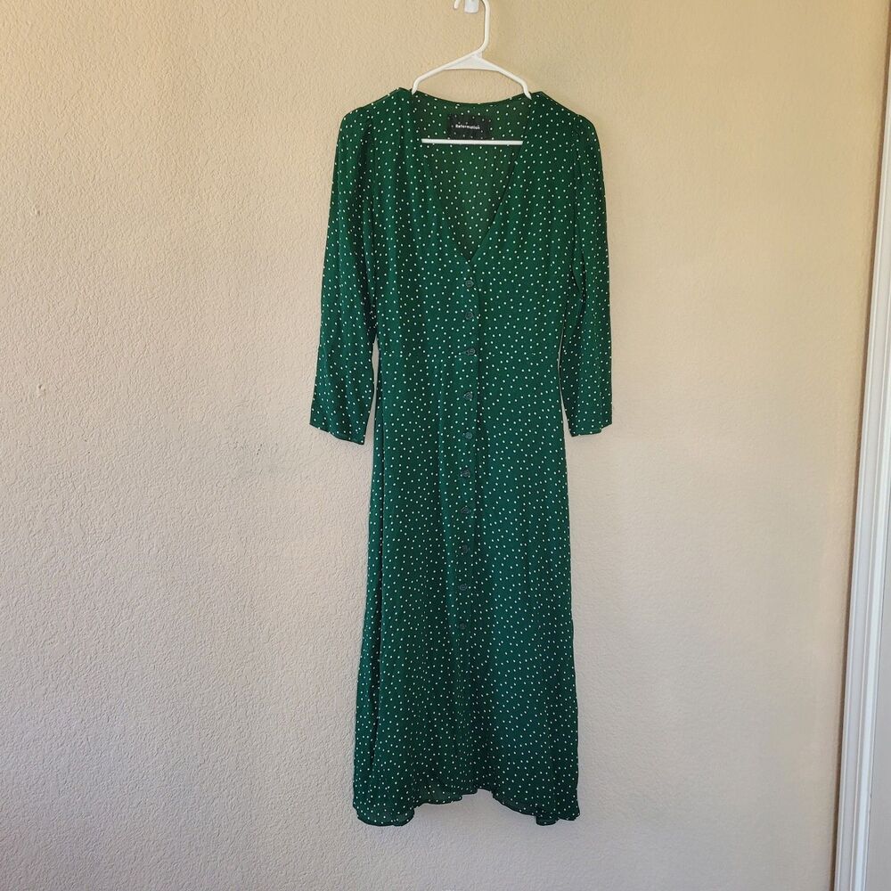REFORMATION Alma Button-Front V Neck Midi Dress Size 2 Green White Polka Dot